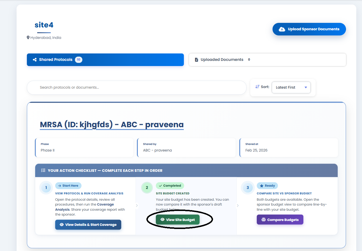 View Site Budget link